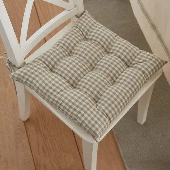 Gingham Check Seat Pad with Ties - Sage, Cotton