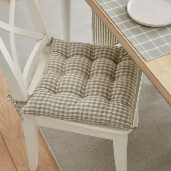 Gingham Check Seat Pad with Ties - Sage, Cotton