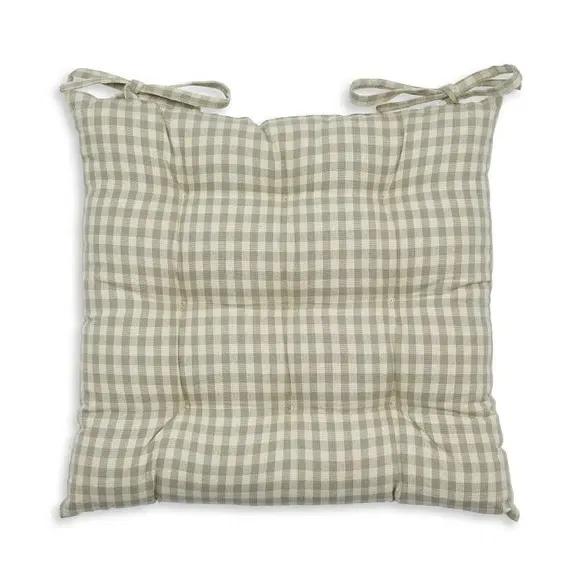 Gingham Check Seat Pad with Ties - Sage, Cotton