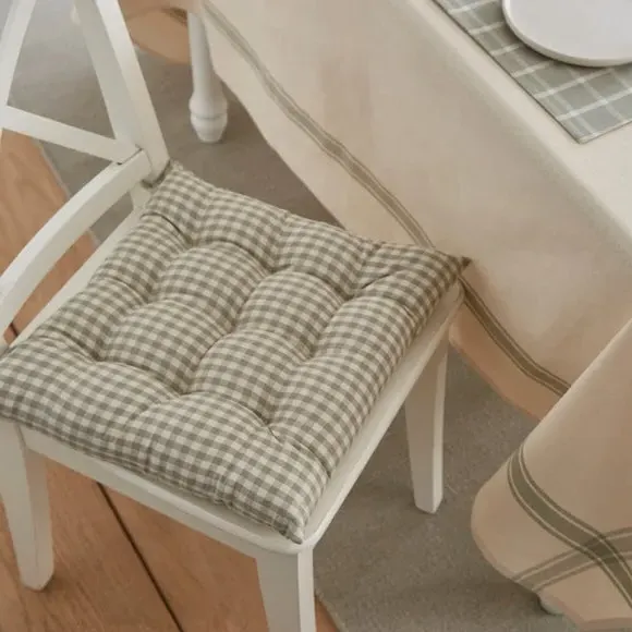 Gingham Check Seat Pad with Ties - Sage, Cotton image
