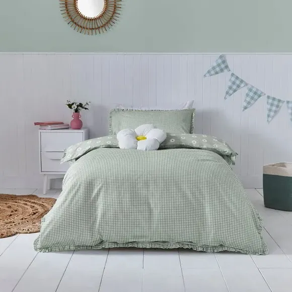 Gingham Duvet Cover Set with Ruffle - Green