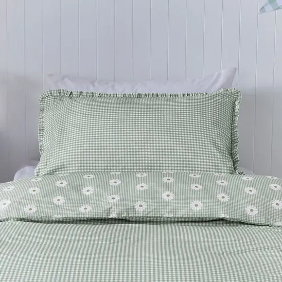 Gingham Duvet Cover Set with Ruffle - Green