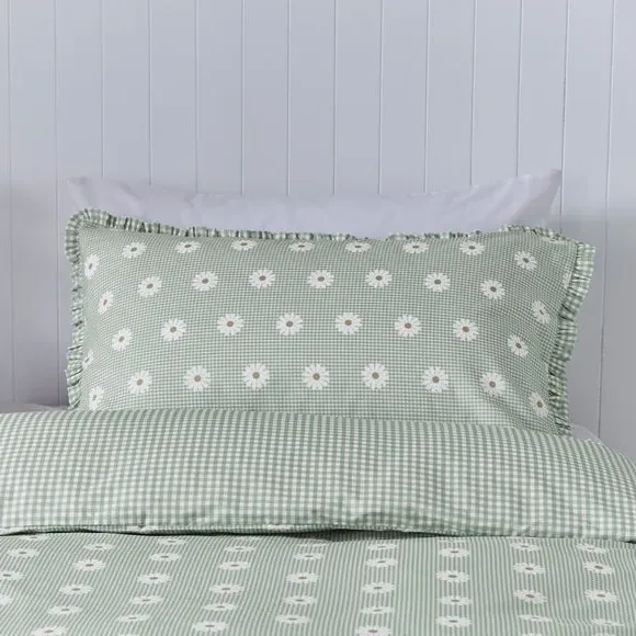 Gingham Duvet Cover Set with Ruffle - Green