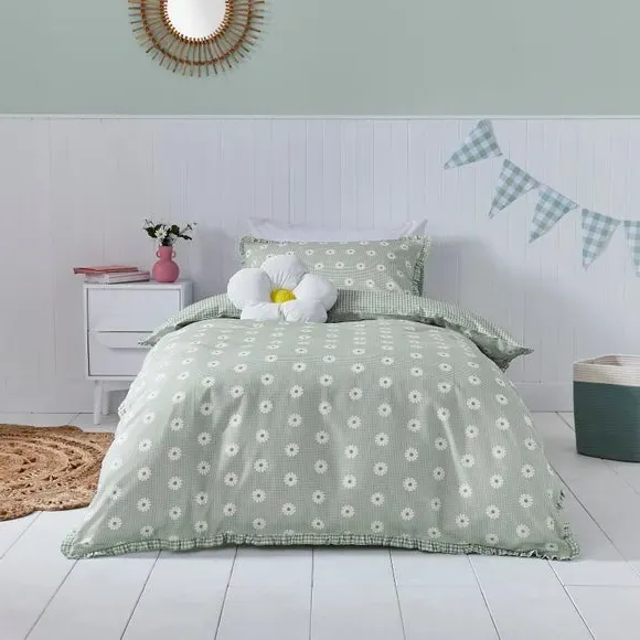 Gingham Duvet Cover Set with Ruffle - Green image