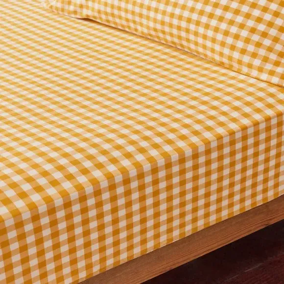 Gingham Fitted Sheet - Ochre, Cotton