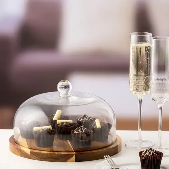 Glass Dome with Base - Clear, Acacia Wood