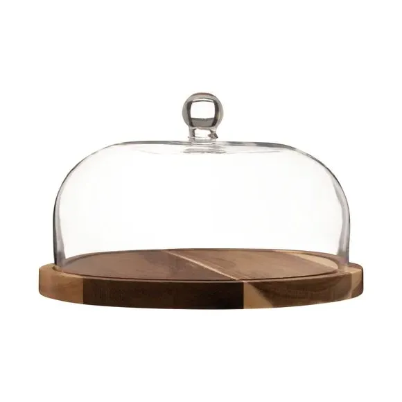 Glass Dome with Base - Clear, Acacia Wood
