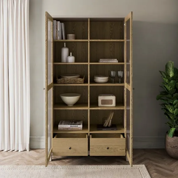 Glazed Display Cabinet with Drawers - Stone, Oak