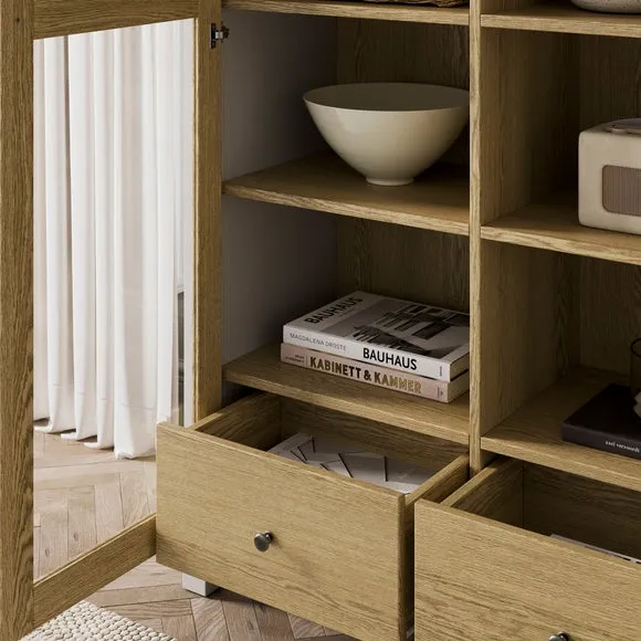 Glazed Display Cabinet with Drawers - Stone, Oak