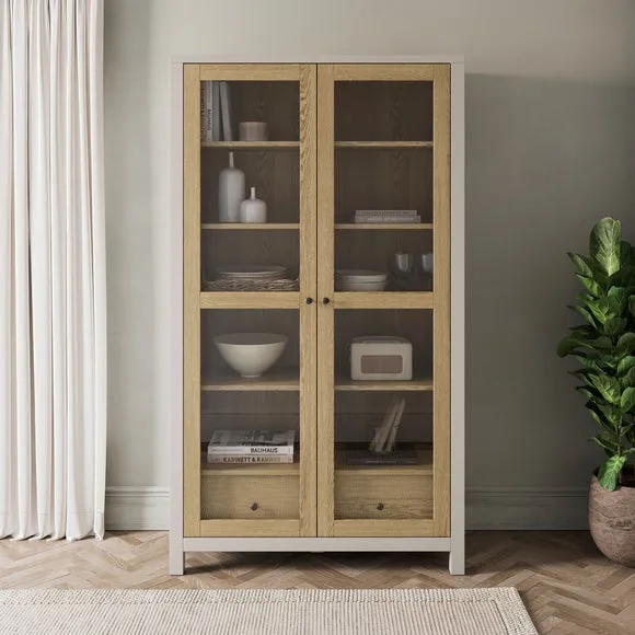 Glazed Display Cabinet with Drawers - Stone, Oak image