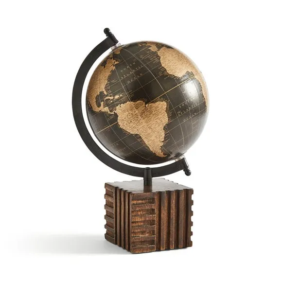 Globe with Geometric Base - Black, Mango Wood