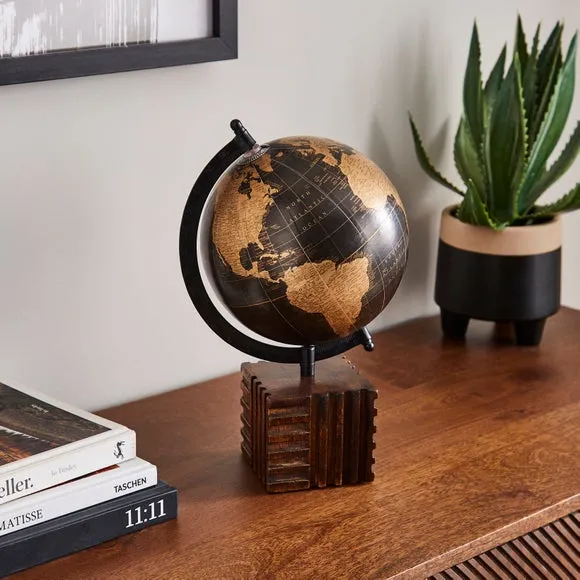 Globe with Geometric Base - Black, Mango Wood image