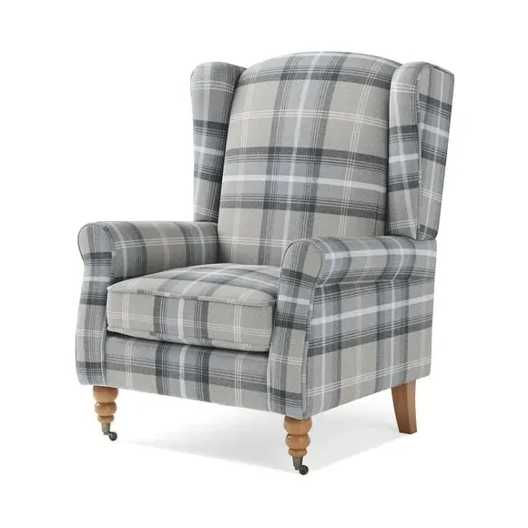 Grande Check Wingback Armchair - Grey, Fabric