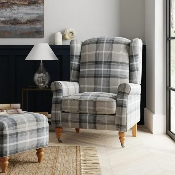 Grande Check Wingback Armchair - Grey, Fabric