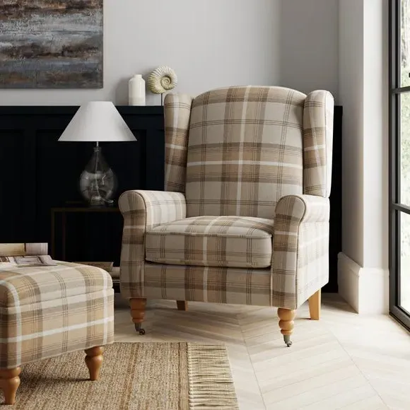 Grande Check Wingback Armchair - Natural, Fabric