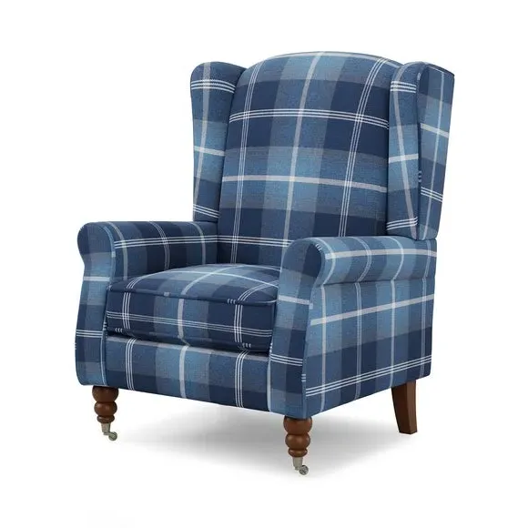 Grande Check Wingback Armchair - Navy, Fabric