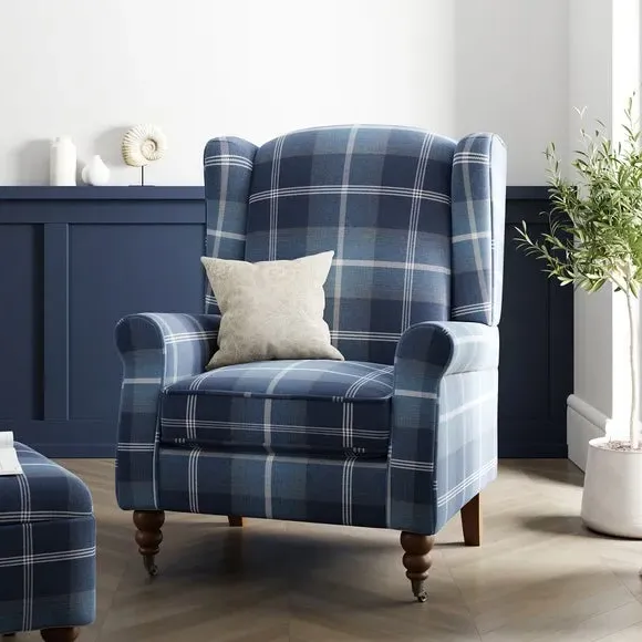 Grande Check Wingback Armchair - Navy, Fabric