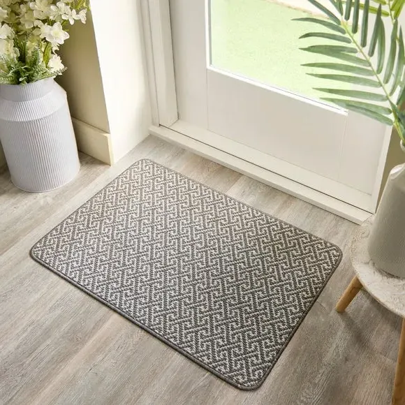 Greek Key Doormat with Anti-Slip - Grey, Boucle image