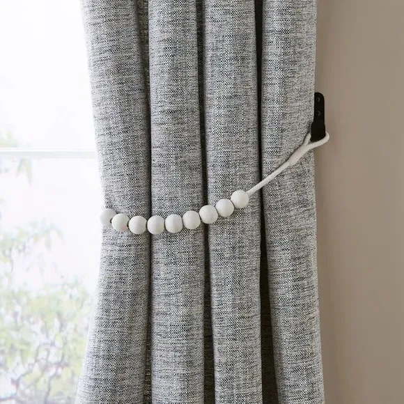Half Beaded Curtain Tieback - White, Mango Wood
