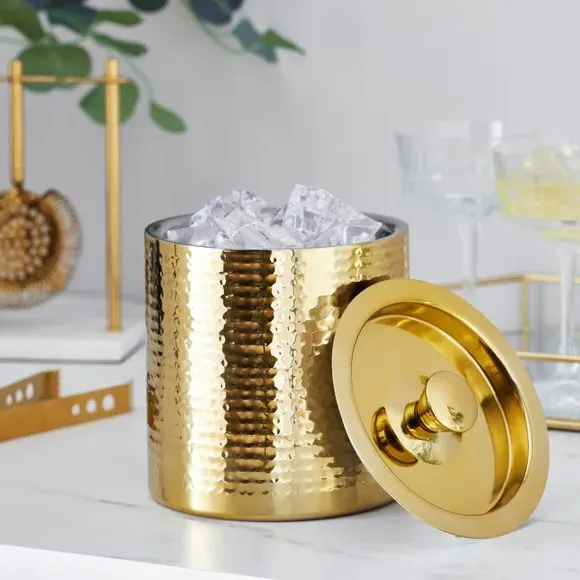 Hammered Ice Bucket with Lid - Gold, Steel image