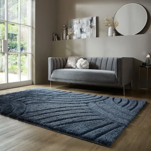 Hand Carved Area Rug - Blue, Polyester