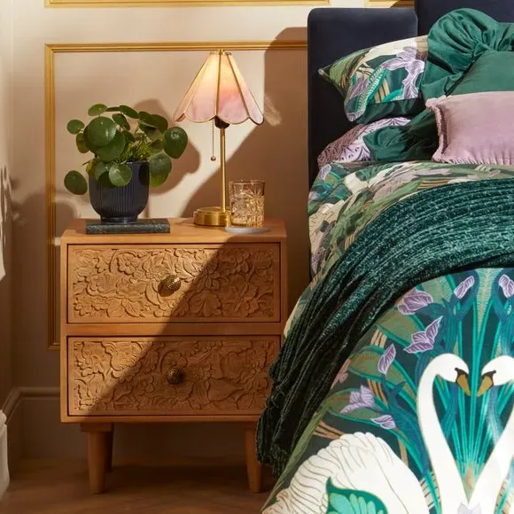 Hand Carved Bedside Table - Light Wood, Mango