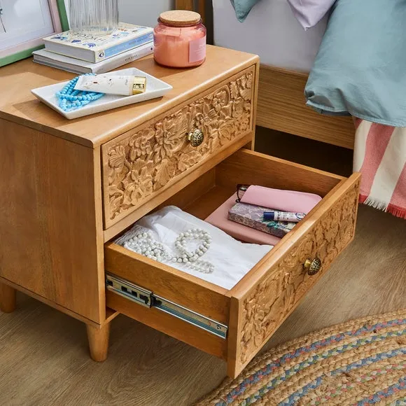 Hand Carved Bedside Table - Light Wood, Mango