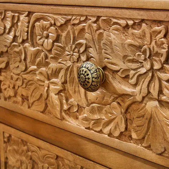 Hand Carved Bedside Table - Light Wood, Mango