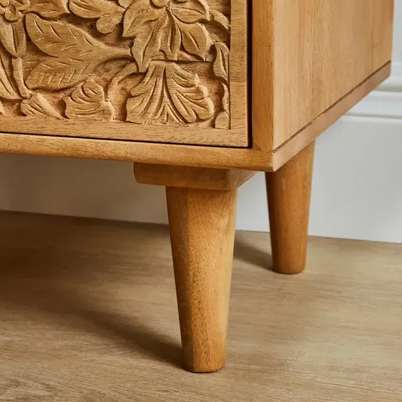 Hand Carved Bedside Table - Light Wood, Mango