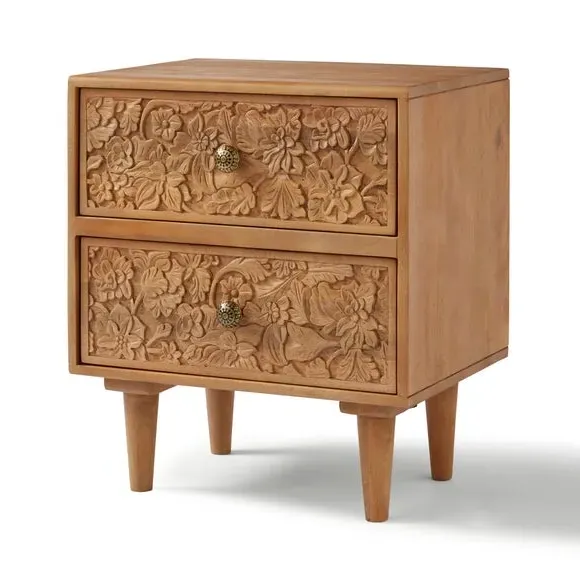 Hand Carved Bedside Table - Light Wood, Mango
