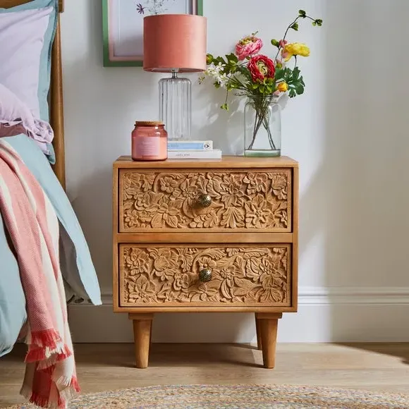 Hand Carved Bedside Table - Light Wood, Mango image