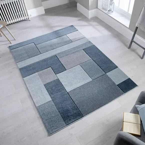 Hand Carved Check Rug - Denim