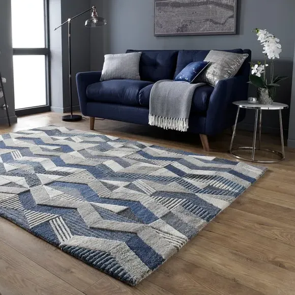 Hand-Carved Rug with High Low Effect - Blue, Wool