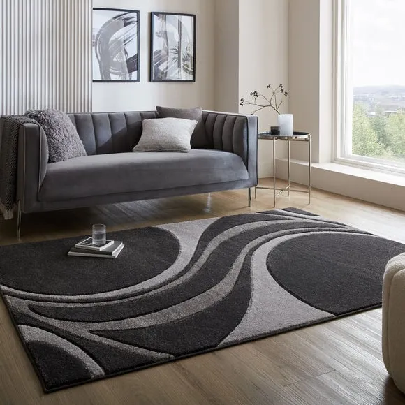 Hand Carved Rug with Swirl Design - Black