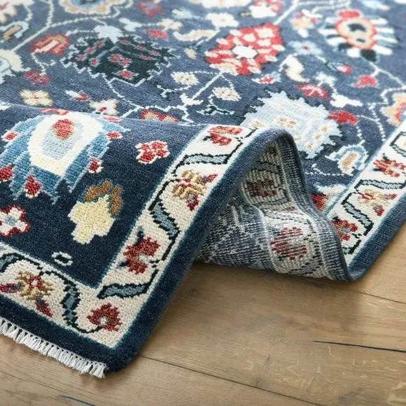 Hand-Knotted Floral Rug - Blue, Wool