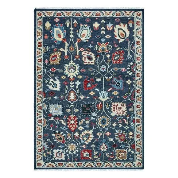 Hand-Knotted Floral Rug - Blue, Wool