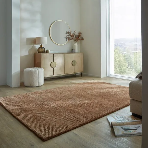 Hand Tufted Rug with Ribbed Texture - Caramel, Wool