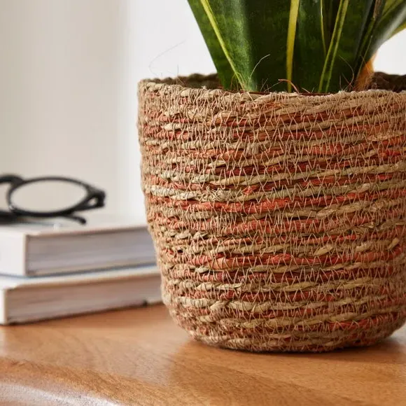 Hand Woven Plant Pot - Orange, Seagrass