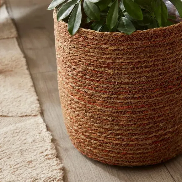 Hand Woven Plant Pot - Orange, Seagrass