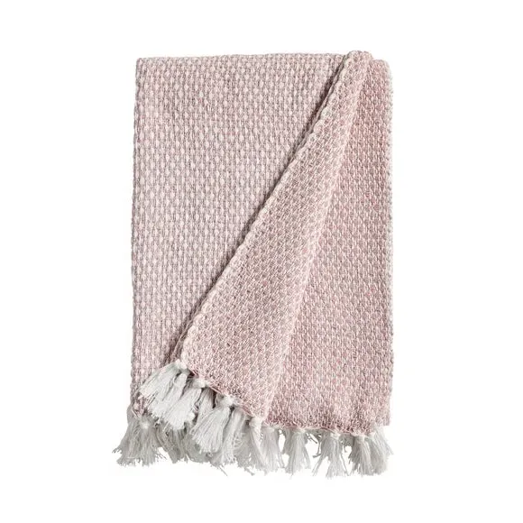 Hand-Woven Throw Blanket with Tassels - Blush