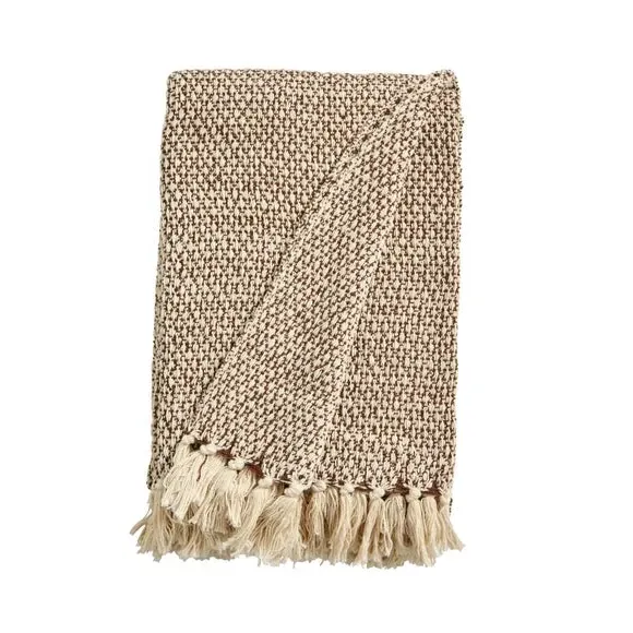 Hand-Woven Throw Blanket with Tassels - Brown