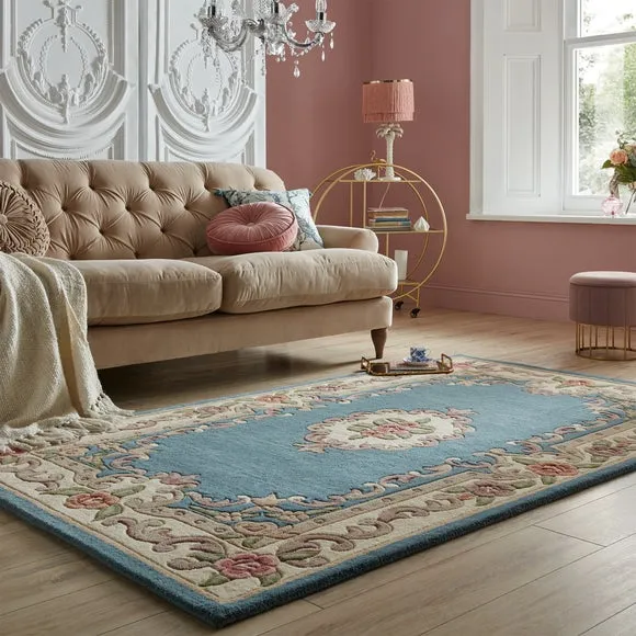 Handcrafted Aubusson Rug - Blue, Wool