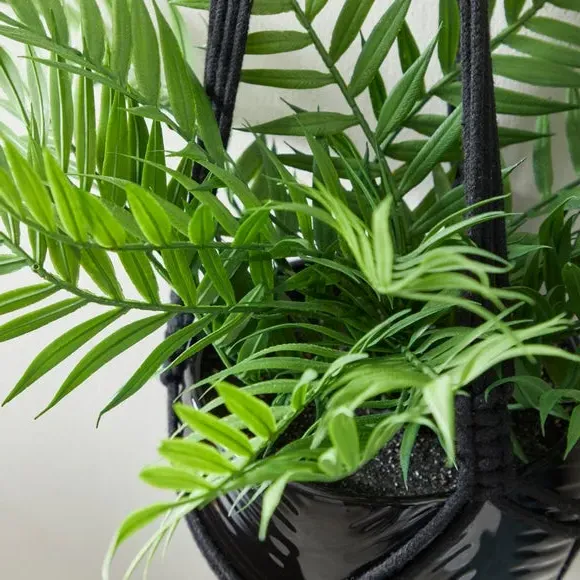 Hanging Plant Pot with Macrame - Black, Ceramic