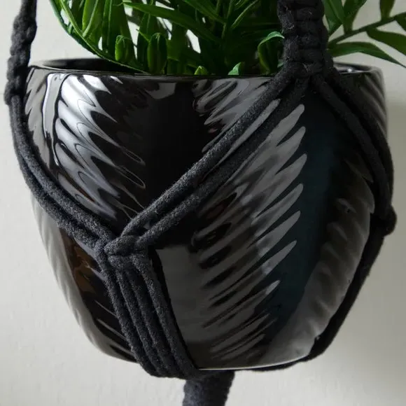 Hanging Plant Pot with Macrame - Black, Ceramic