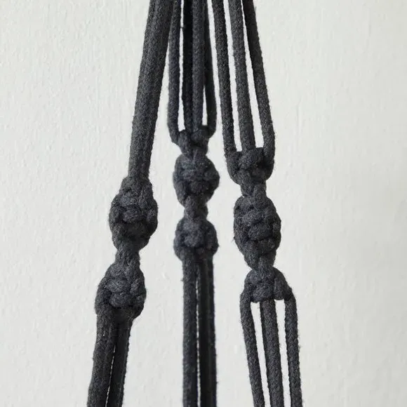 Hanging Plant Pot with Macrame - Black, Ceramic
