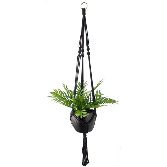 Hanging Plant Pot with Macrame - Black, Ceramic