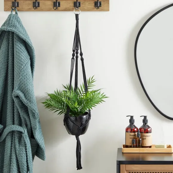 Hanging Plant Pot with Macrame - Black, Ceramic