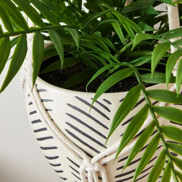 Hanging Plant Pot with Macrame - White, Ceramic