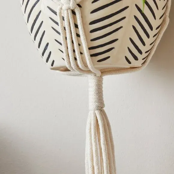 Hanging Plant Pot with Macrame - White, Ceramic
