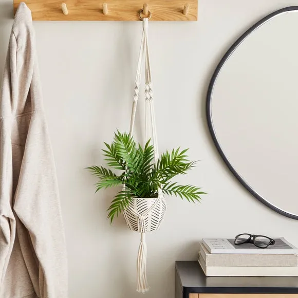 Hanging Plant Pot with Macrame - White, Ceramic